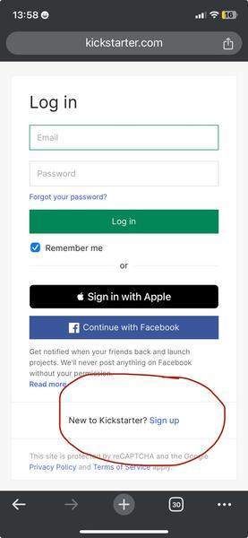 Kickstarter sign up page