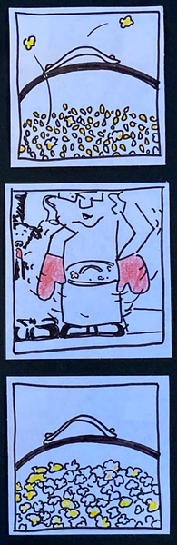 same view, but with four popped kernels, two of them flying out of the pot / carolyn wearing oven mitts, shaking pot with lid on, dog looking on expectantly / overhead pot view with all the kernels popped