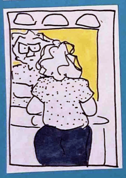 (carolyn, seen from the back, looking at herself in the bathroom mirror; mirror carolyn looking perplexed or maybe sad)