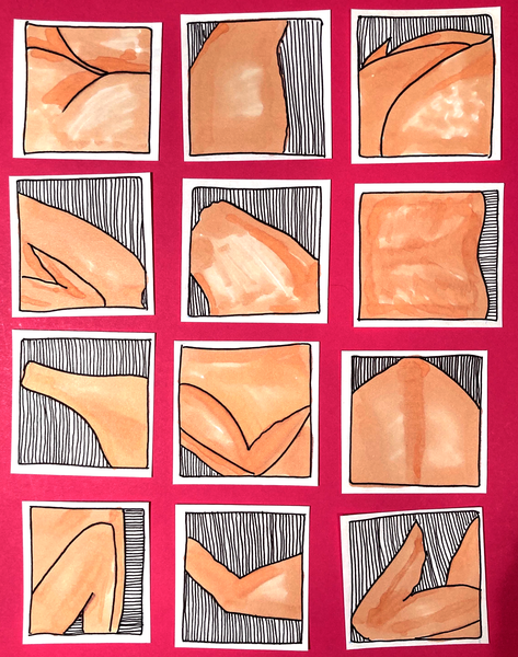 (12 small peachy-colored close-up drawings of what could be naked body parts or raw chicken.)