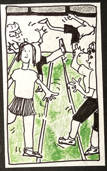 (Four other people trying to stand on one foot, looking precarious. In background, windows with dark sky.))