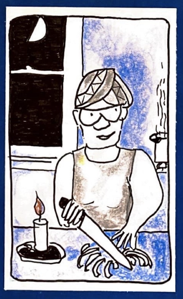 (Same drawing as previous, chopping onions by candlelight, but with a slight smile, half moon is fully visible, and everything is blue.)