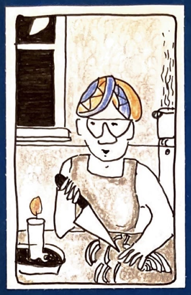 (Carolyn chopping onions by candlelight. Behind her, steaming pot on stove, half moon partly visible through window.)