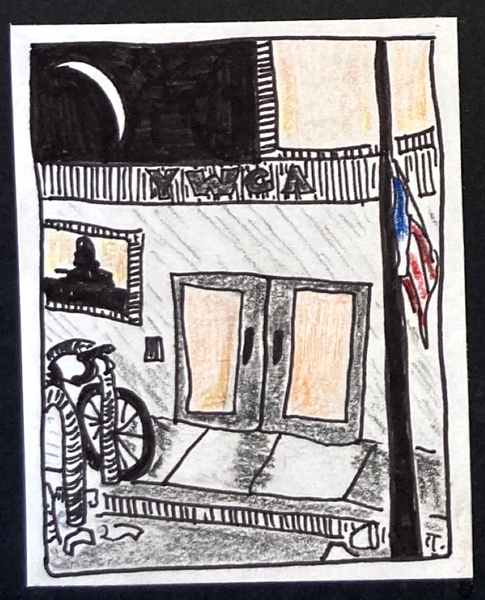 (Outside of YWCA building in the dark. Crescent moon in black sky, bike parked at bike rack, half-mast American flag. Windows glow light orange.)