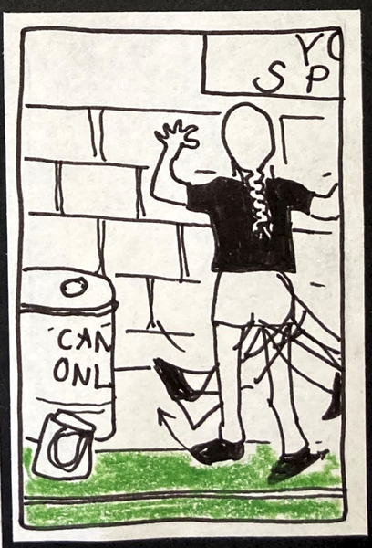 (Woman with long braid facing wall, leg swinging left to right like a floppy pendulum.)