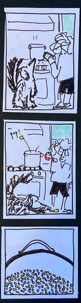 carolyn looking at her phone, pot heating up on the stove, dog looking expectantly at carolyn / pop! one popcorn flying out of the pot, one popcorn on the floor, dog getting ready to eat it, carolyn holding measuring cup full of unpopped kernels / pot seen from above, whole bottom full of kernels