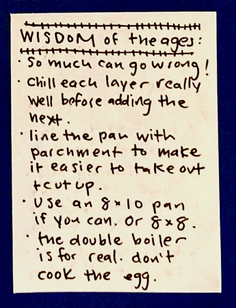 WISDOM of the ages: - so much can go wrong! / - chill each layer really well before adding the next / - line the pan with parchment to make it easier to take out and cut up / - Use an 8 x 10 pan if you can. Or 8 x 8. / The double boiler is for real. Don't cook the egg.