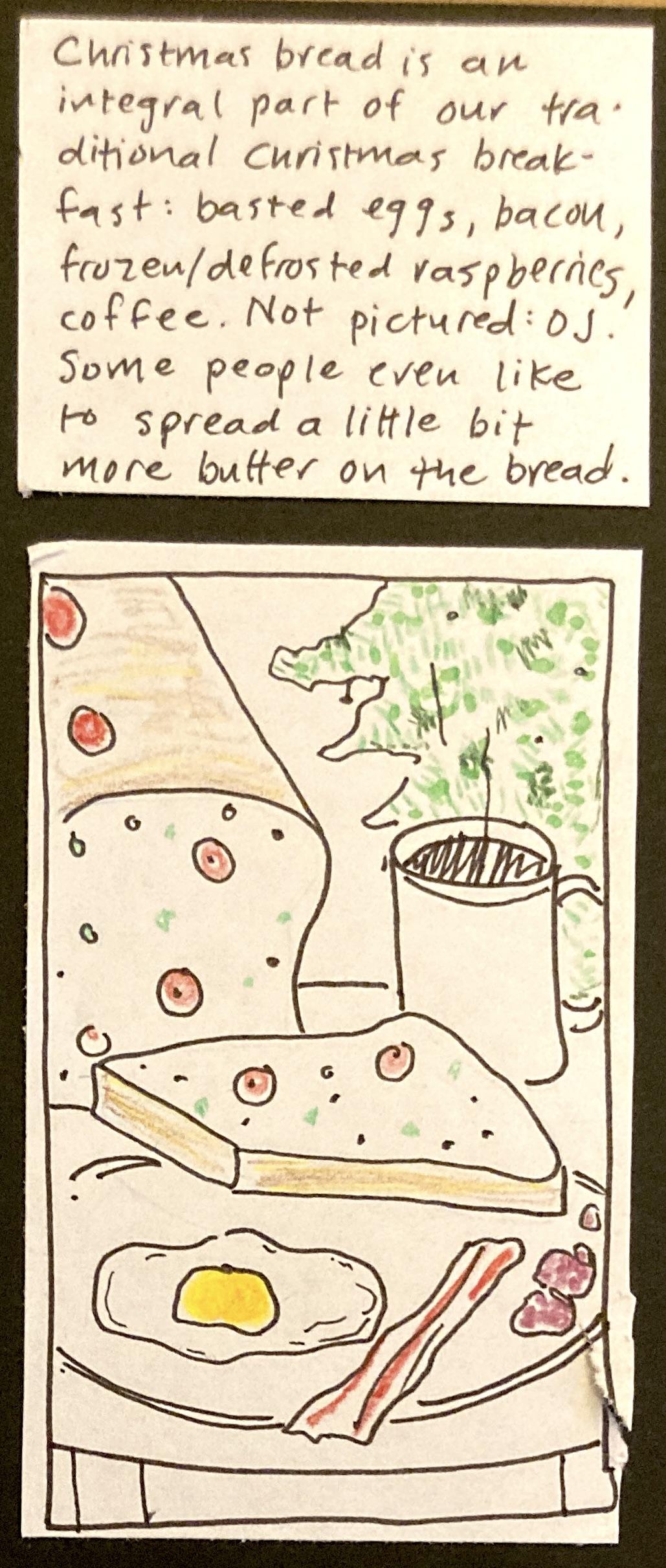 Christmas bread is an integral part of our traditional Christmas breakfast: basted eggs, bacon, frozen/defrosted raspberries, coffee. Not pictured: OJ. Some people  even like to spread a little bit more butter on the bread. / (plate of eggs, bacon, raspberries, xmas bread; mug of coffee. In background: sliced-open loaf; xmas tree.)