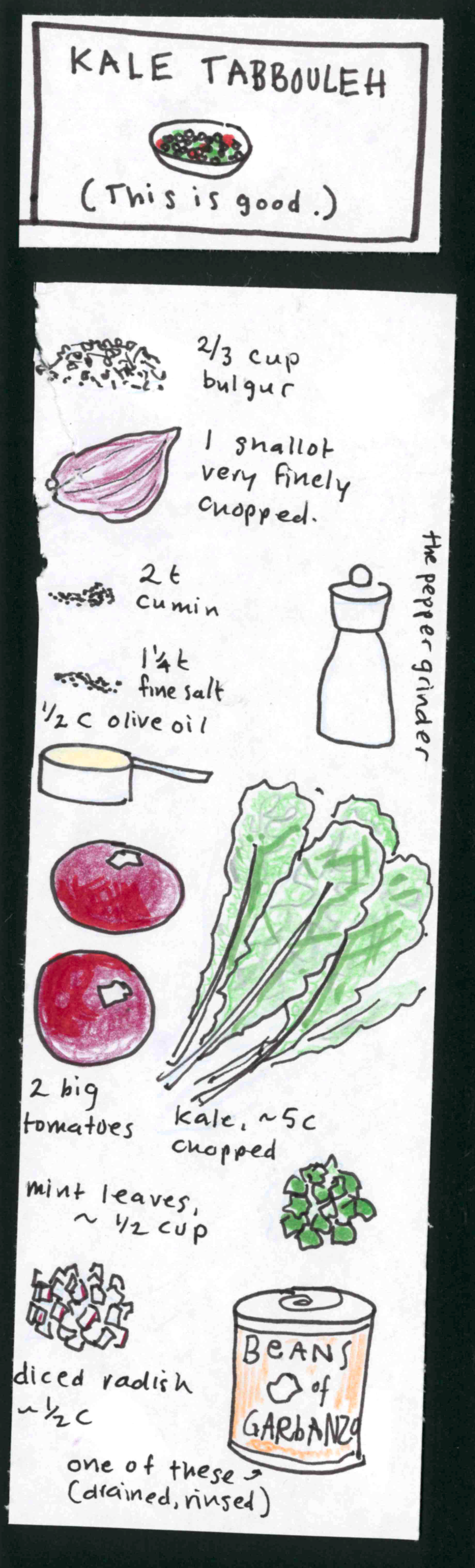 (This is good.) kale tabbouleh (bowl of green and red salad) / (drawings of ingredients) 2/3 cup bulgur, 1 shallot, very finely chopped, 2 t cumin, 1 1/4 t fine salt, 1/2 c olive oil, 2 big tomatoes,  1/2 cup mint leaves, 1/2 cup diced radish, can of garbanzo beans, ~5c chopped kale, the pepper grinder