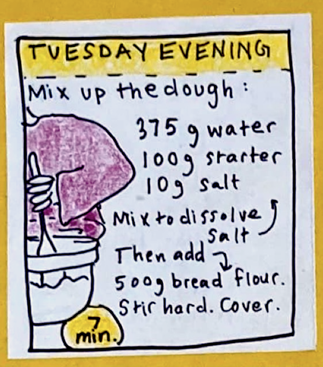 (Carolyn stirring with a wooden spoon.) TUESDAY EVENING, 7 minutes: Mix up the dough: 375 g water, 100 g starter, 10 g salt, mix to dissolve salt. Then add 500 g bread flour. Stir hard. Cover.