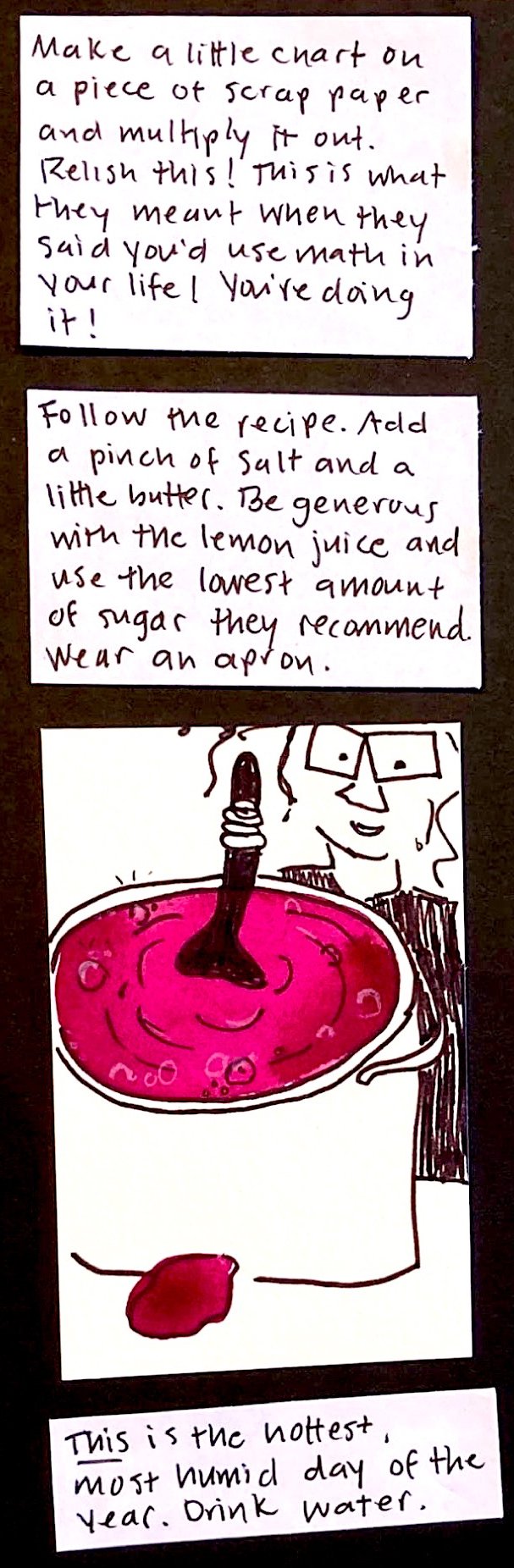 Make a little chart on a piece of scrap paper and multiply it out. Relish this! This is what they meant when they said you'd  use math in your life! You're doing it! / Follow the recipe. Add a pinch of salt and a little butter. Be generous with the lemon juice and use the lowest amount of sugar they recommend. Wear an apron. / (Carolyn, sweating, stirring pot of jam. little bit of jam spilled beside the pot) / THIS is the hottest, most humid day of the year.
Drink water. 
