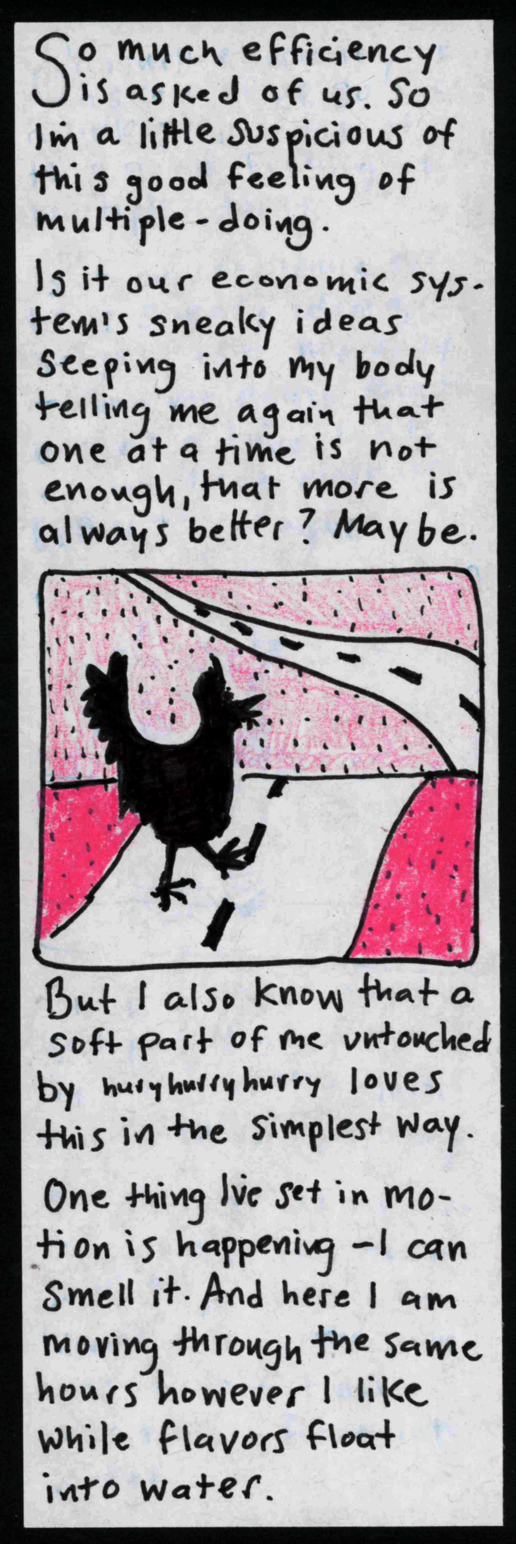 So much efficiency is asked of us. So I'm a little suspicious of this good feeling of multiple-doing. / Is it our economic system's sneaky ideas seeping into my body telling me again that one at a time is not enough, that more is always better? Maybe. (chicken sauntering along a winding road) But I also know that a soft part of me untouched by hurryhurryhurry loves this in the simplest way. / One thing I've set in motion is happening — I can smell it. And here I
am moving through the same hours however I like while flavors float into water. 