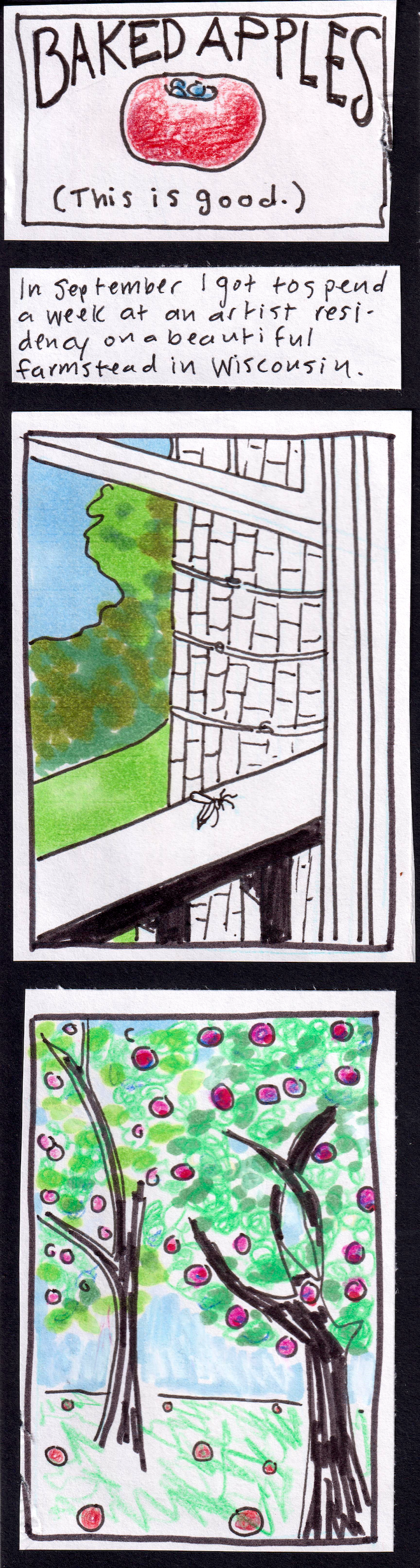 (This is good.) baked apples (apple stuffed with blueberries) / In September I got to spend a week at an artist residency on a beautiful farmstead in Wisconsin. / (view from a window over a railing into a green field, silo next to it, trees on the horizon and blue sky. bee on the railing.) / (two apple trees with many apples; also many apples on the ground) 