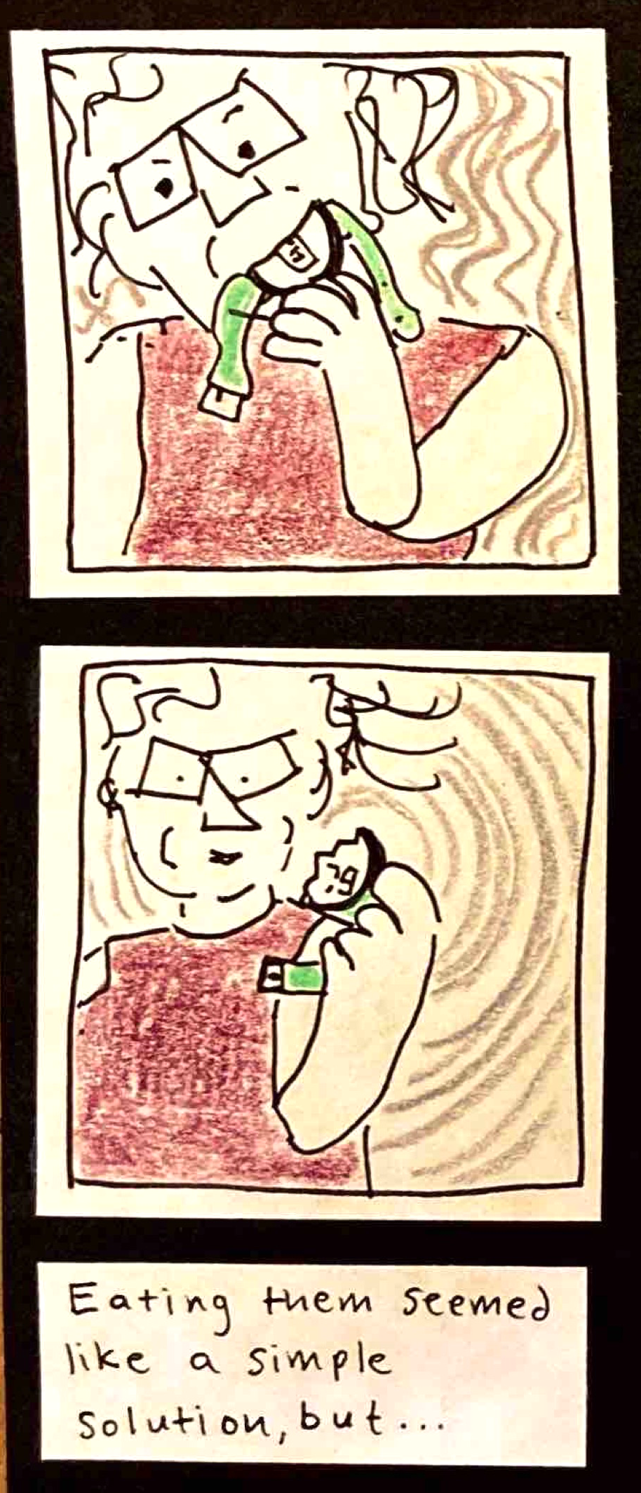 (carolyn biting down on a watch) / (carolyn chewing, holding a bitten-off half of a watch) / Eating them had seemed like a simple solution, but ...