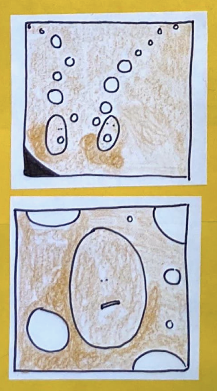 (Same two yeast beings, each with a string of bubbles floating up from the mouth.) (Closeup of Yeast being A, mouth very small and downturned, surrounded by bubbles)
