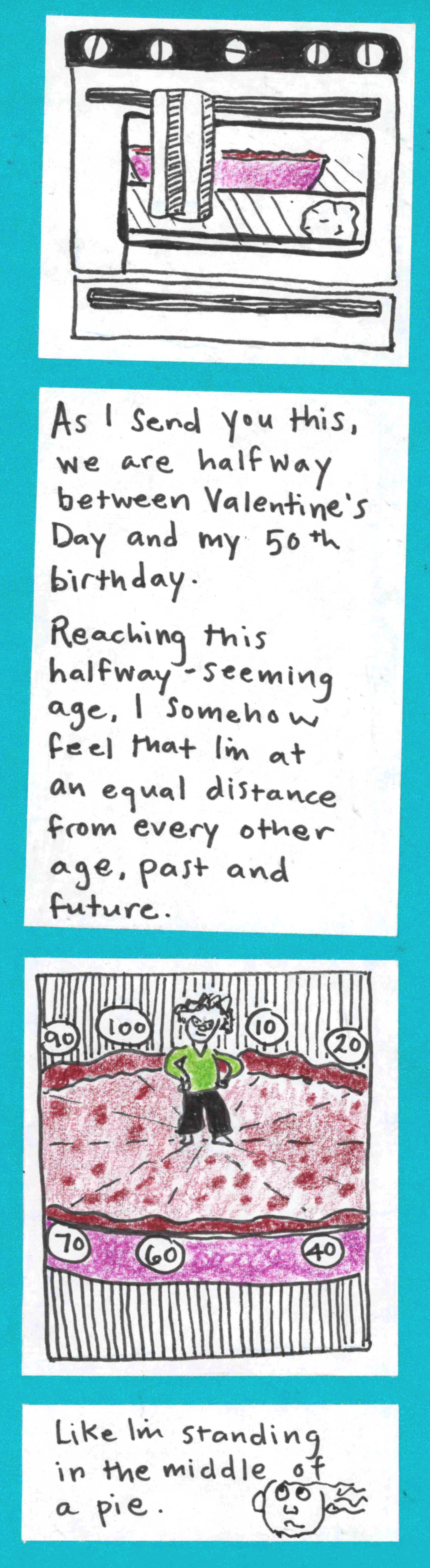 (oven with pie and beet inside) / As I send you this, we are halfway between Valentine's Day and my 50th birthday. Reaching this halfway-seeming age, I somehow feel that I'm at an equal distance from every other age, past and future. / (carolyn standing in the middle of a giant pie, with 40, 60, 70, 90, 100, 10, and 20 marked out along the crust) / Like I'm standing in the middle of a pie (odd drawing of little face rolling its eyes) 