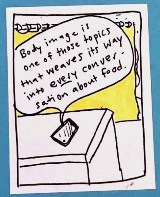 Same scene. Phone: Body image is one of those topics that weaves its way into EVERY conversation about food.