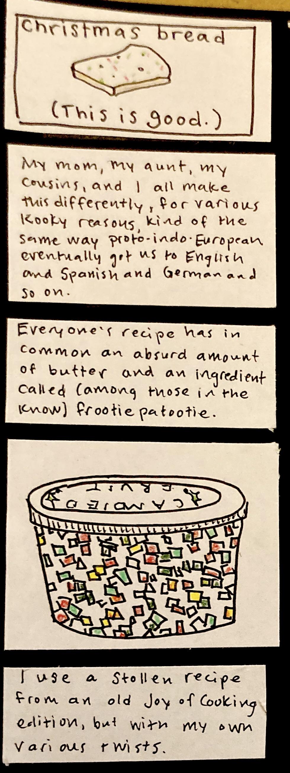 christmas bread (slice of bread with fruity bits in it) This is good. / My mom, my aunt, my cousins, and I all make this differently, for various kooky reasons, kind of the same way proto-Indo-European eventually got us to English and Spanish and German and so on. / Everyone's recipe has in common an absurd amount of butter and an ingredient called (among those in the know) frootie patootie. / (container of candied fruit) / I use a stollen recipe from an old Joy
of Cooking edition, but with my own various twists. 