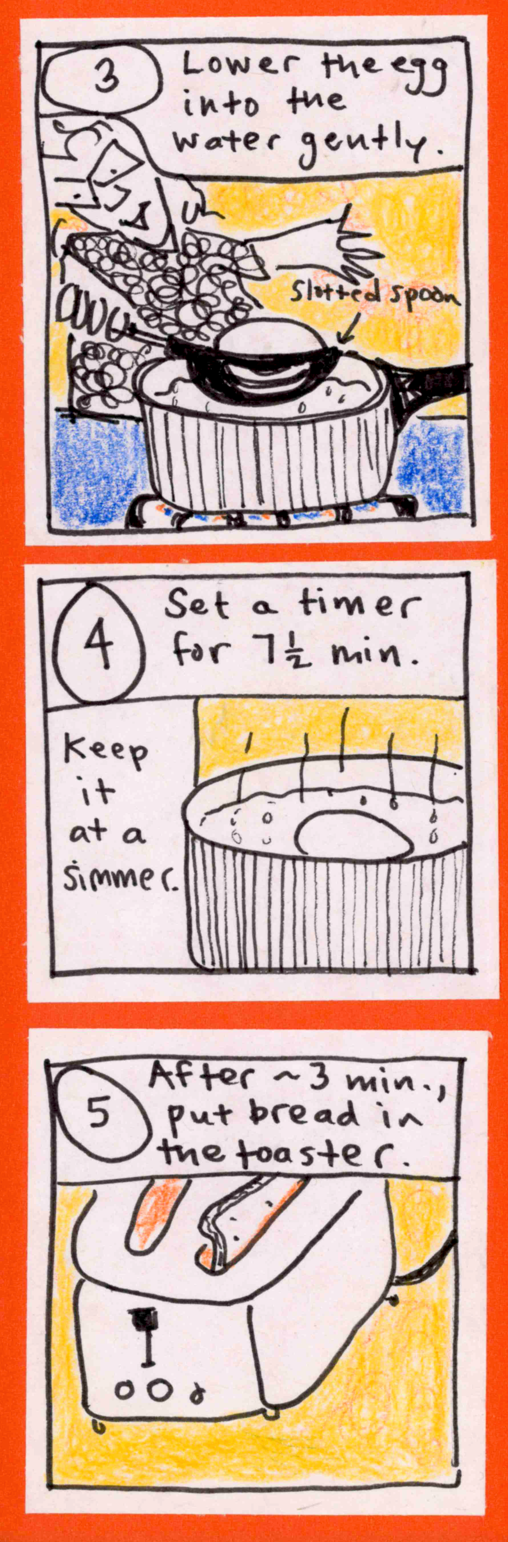 3. Lower the egg into the water gently (carolyn slotted spooning the egg into the boiling water) / 4. Set a timer for 7 1/2 minutes. Keep it at a simmer (egg in simmering water) / 5. After ~3 min., put bread in the toaster (toaster with bread) 