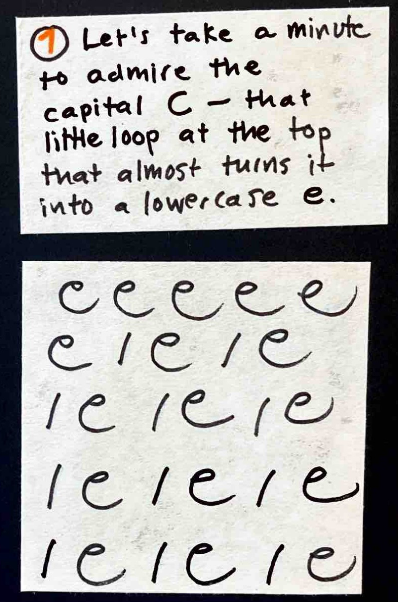 [7] Let's take a minute to admire the capital C — that little loop at the top that almost turns it into a lowercase e. / (Repeated tries at writing "1 C" in my grandma's penmanship)