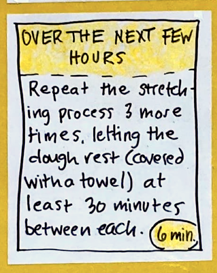 OVER THE NEXT FEW HOURS (6 minutes): Repeat the stretching process 3 more time, letting the dough rest (covered with a towel) at least 30 minutes between each.