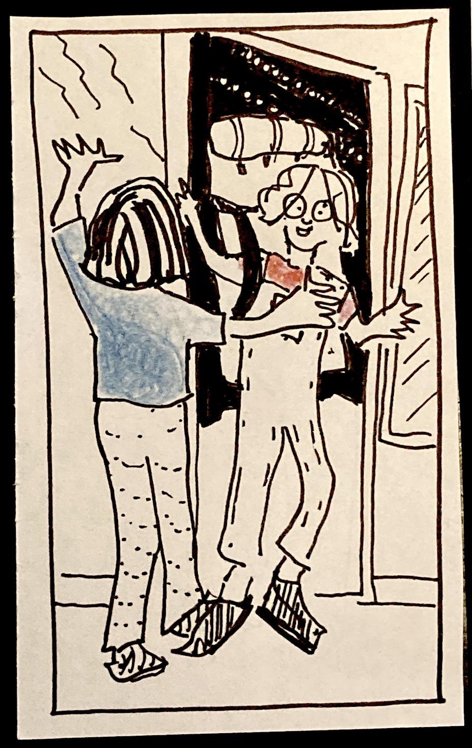 Mom and young carolyn at the door, arms up, about to embrace.