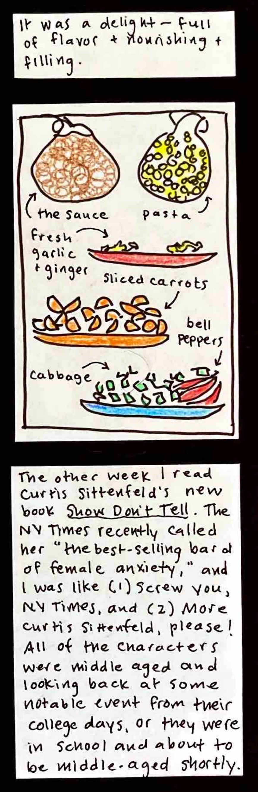 same view, but with four popped kernels, two of them flying out of the pot / carolyn wearing oven mitts, shaking pot with lid on, dog looking on expectantly / overhead pot view with all the kernels popped. / The other week I read Curtis Sittenfeld's new book Show Don't Tell. The NY Times recently called her "the best-selling bard of female anxiety," and I was like (1) screw you, NY Times, and (2) More Curtis Sittenfeld, please! All of the characters
were middle aged and looking back at some notable event from their college days, or they were in school and about to be middle-aged shortly. / 