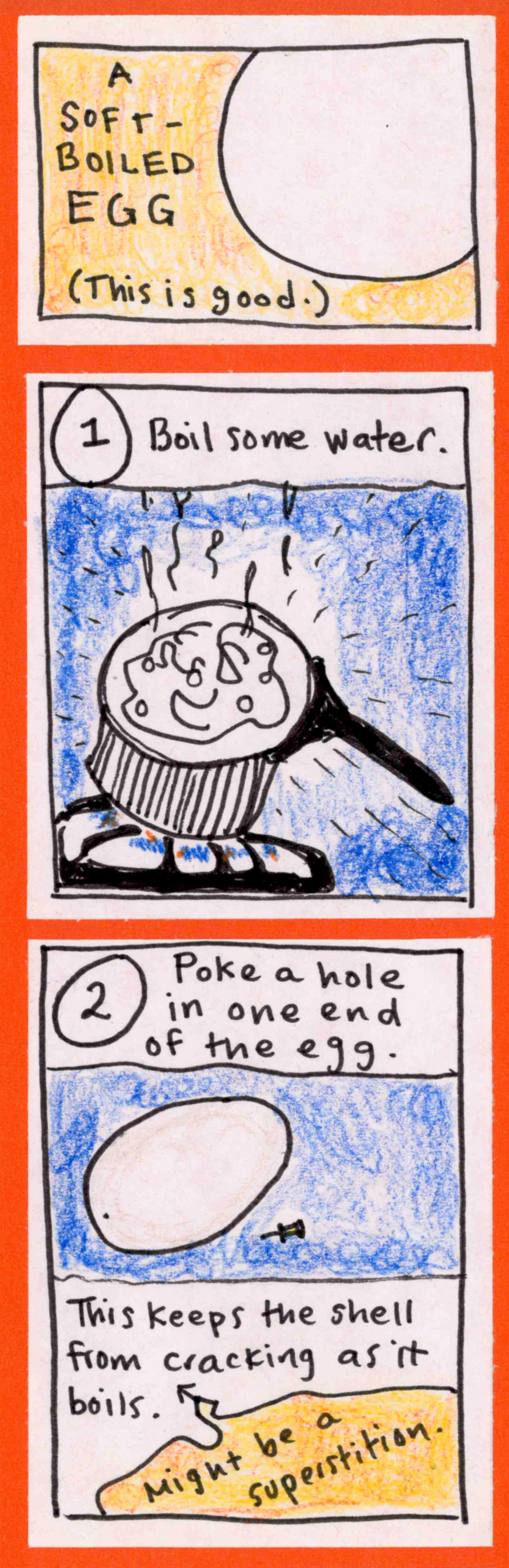 (This is good.) A SOFT-BOILED EGG (big egg) / 1. Boil some water (pan of boiling water on stove) / 2. Poke a hole in one end of the egg (egg, pushpin). This keeps the shell from cracking as it boils <— Might be a superstition
