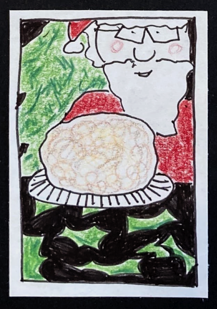 (Santa eyeing a cheeseball.)
