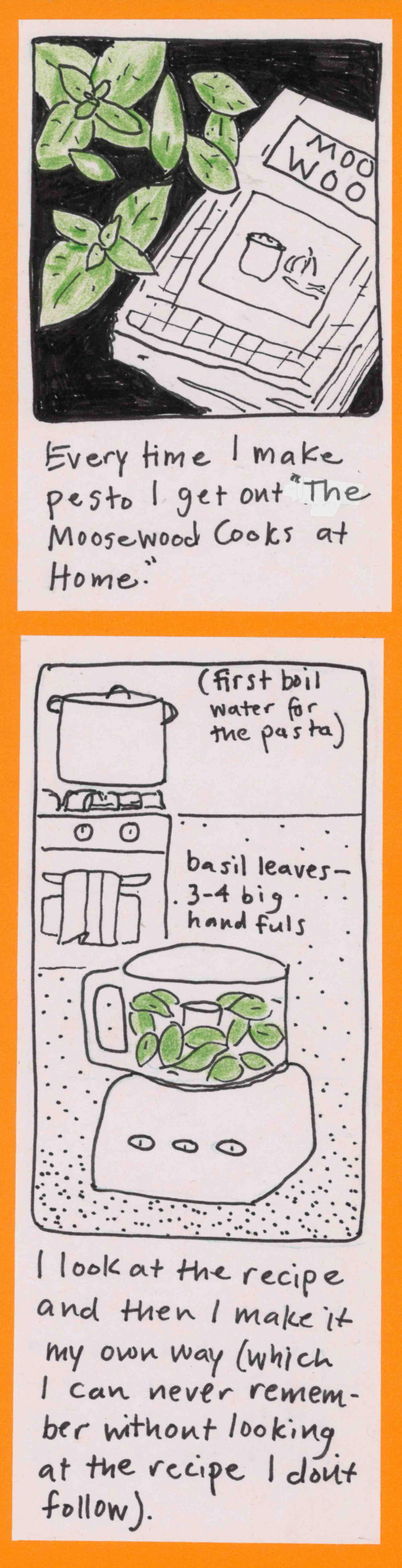 (cookbook with only the 2-line title Moo Woo visible; bunches of basil leaves) Every time I make pesto I get out "The Moosewood Cooks at Home" / (food processor full of basil leaves, pot on the stove) / First boil water for the pasta. Basil leaves - 3-4 big handfuls) / I look at the recipe and then I make it my own way (which I can never remember without looking at the recipe I don't follow).