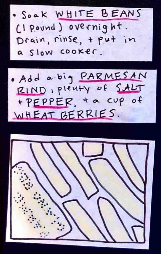 * soak WHITE BEANS (1 pound) overnight. Drain, rinse, & put in a slow cooker. / * Add a big PARMESAN RIND, plenty of SALT & PEPPER, & a cup of WHEAT BERRIES / (yellowy rectangles, one with PARM REG written on it in pin-pricked letters) 