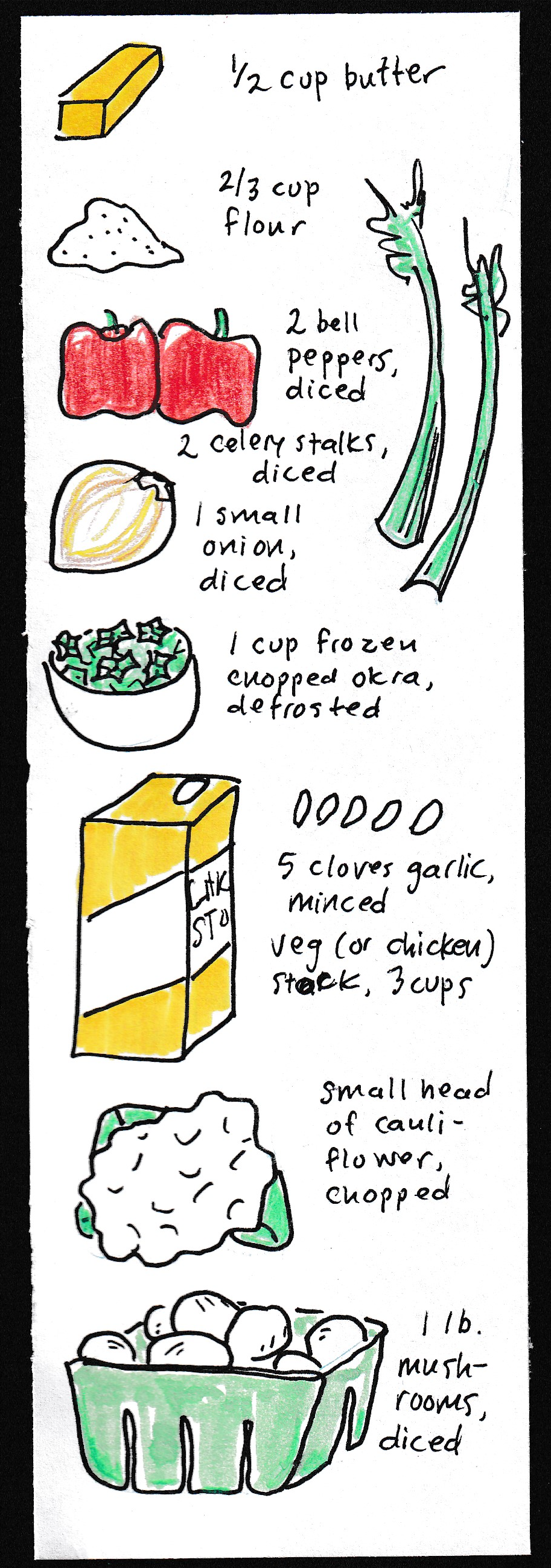 (drawings of ingredients)  1/2 c butter, 2/3 c flour, 2 bell peppers, diced, 2 celery stalks, diced, 1 small onion, diced, 1 cup frozen chopped okra, defrosted, 5 cloves garlic, minced, 3 cups veg or chicken stock, small head of cauliflower, chopped, 1 lb. mushrooms, diced