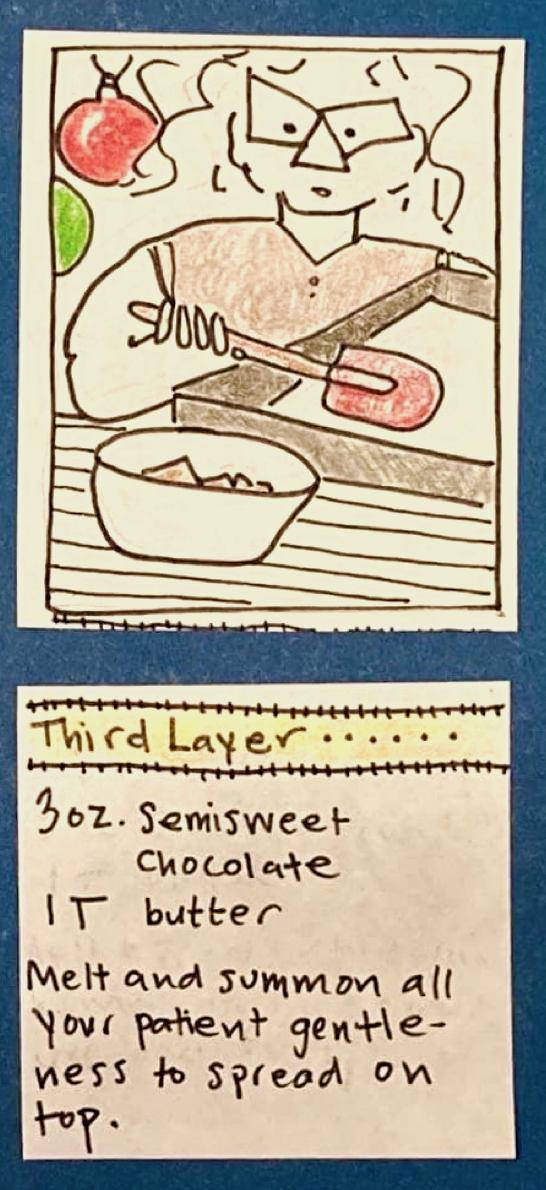 (carolyn spreading something on a white layer in a pan, looking very serious. in upper left corner, red and green ornaments) / Third Layer: 3 oz semisweet chocolate, 1 T butter. Melt and summon all your patient gentleness to spread on top.