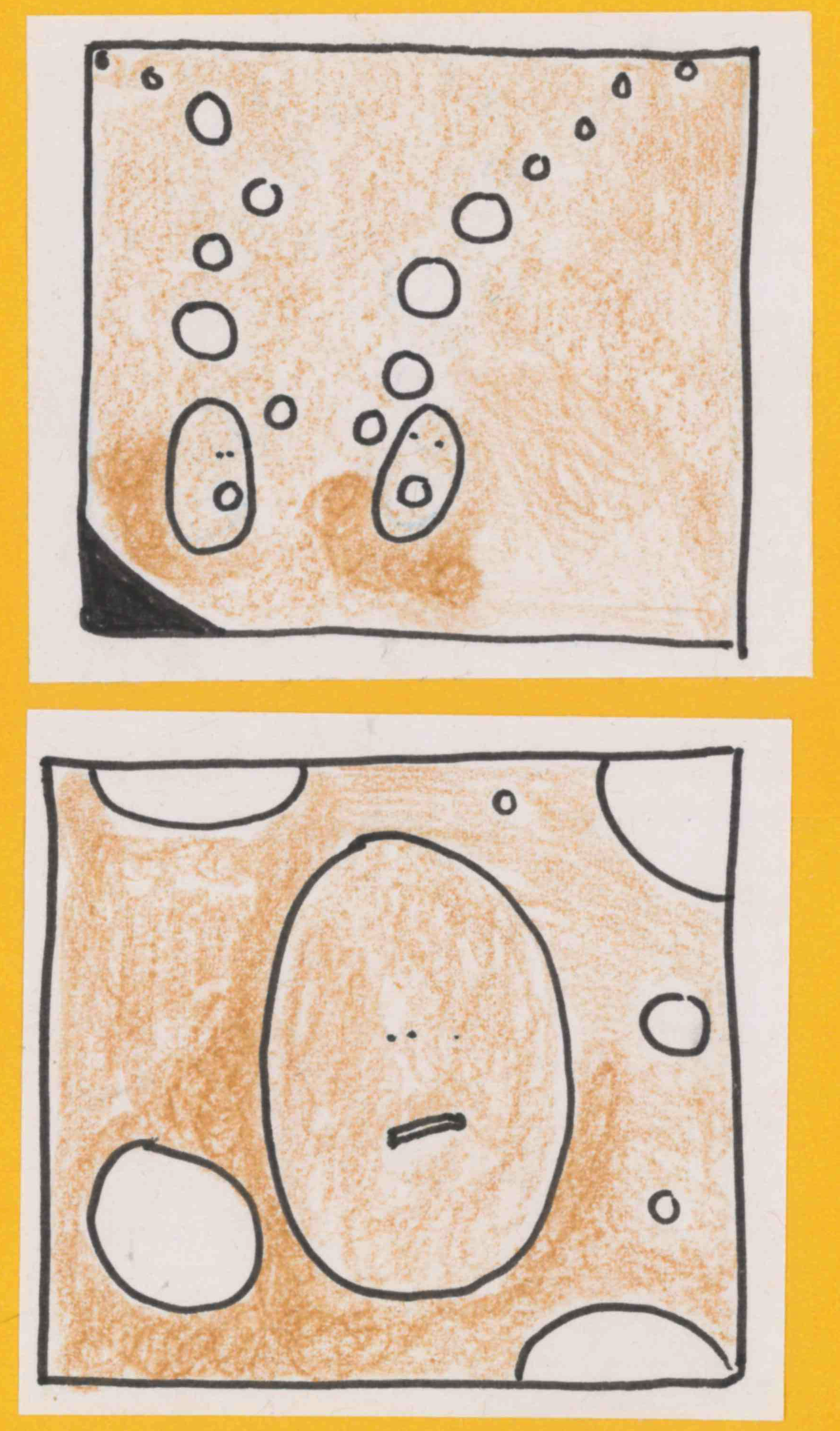 YB1: blows bubbles. YB2: blows bubbles. / YB1: Looks concerned all of a sudden.