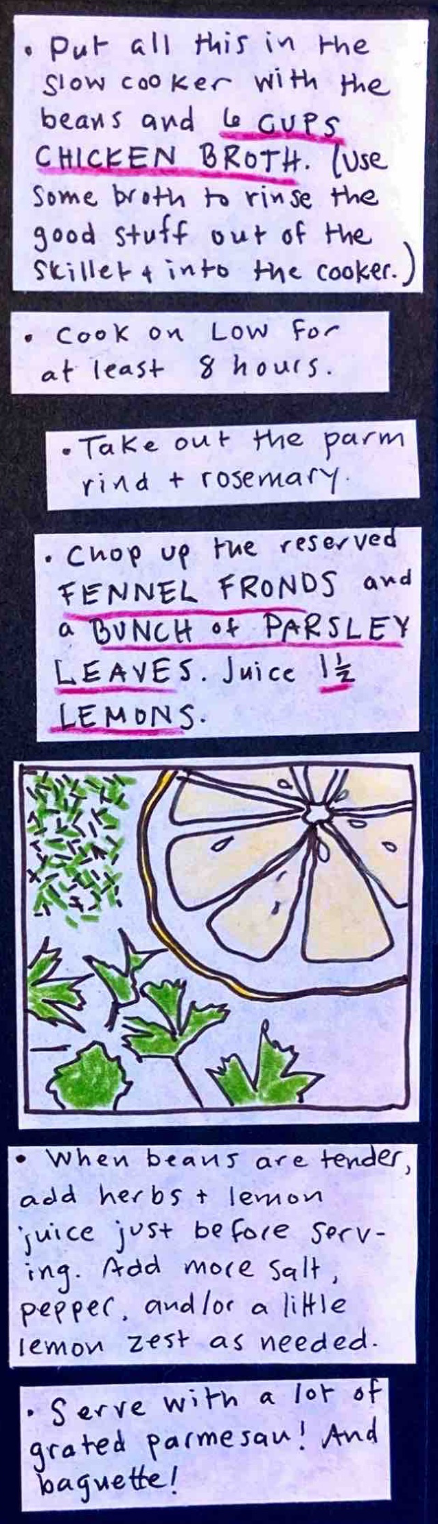 * Put all this in the slow cooker with the beans and 6 CUPS CHICKEN BROTH. (Use some broth to rinse the good stuff out of the skillet & into the cooker.) / * Cook on Low for at least 8 hours. /  Take out the parm rind & rosemary. / Chop up the reserved FENNEL FRONDS and a BUNCH OF PARSLEY LEAVES. Juice 1 1/2 LEMONS. / (lemon cross-section, hairy little fennel leaves, parsley leaves) / * When beans are tender, add herbs & lemon juice just before
serving. Add more salt, pepper, and/or a little lemon zest as needed. / * Serve with a lot of grated parmesan! And baguette!