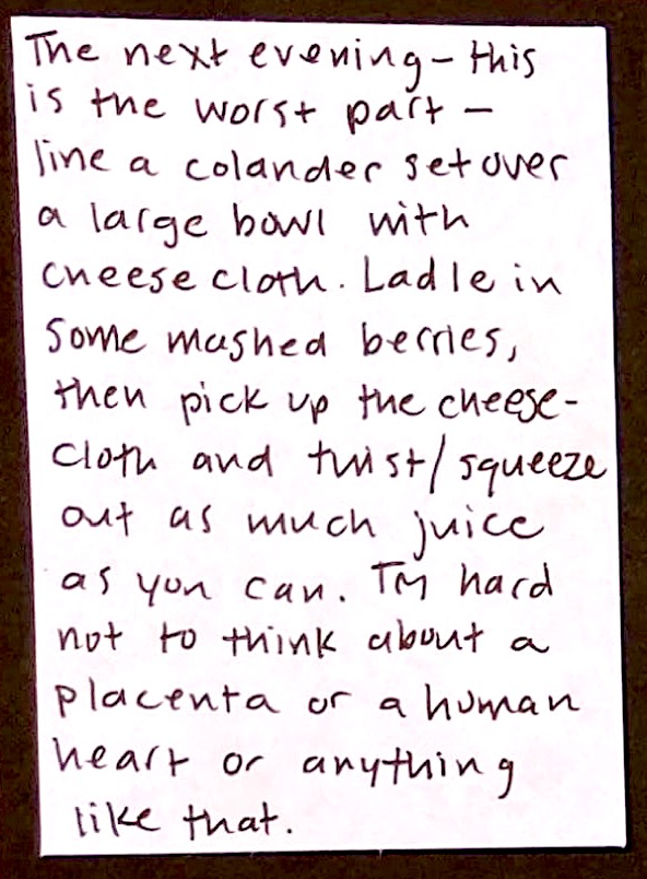 The next evening — this is the worst part — line a colander set over a large bowl with cheesecloth. Ladle in some mashed berries, then pick up the cheesecloth and twist/squeeze out as much juice as you can. Try hard not to think about a placenta or a human heart or anything like that. 