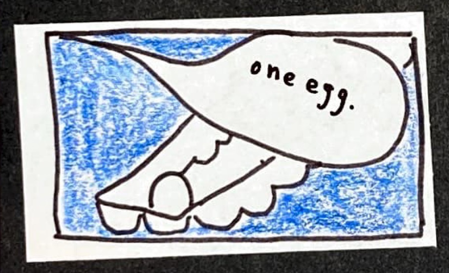 (open egg carton, empty but for 1 egg) "one egg."