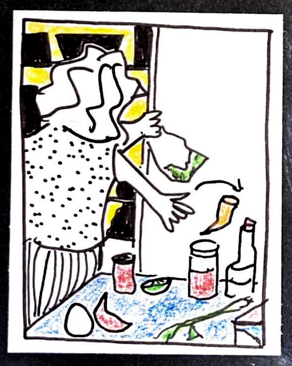 (carolyn tossing things out of the fridge and onto a blue table: 1 egg, bit of bell pepper, half a lime, a scallion, an oddly shaped carrot, bag with something green and black in it, 2 jars and a bottle)