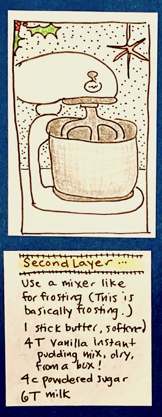 (big drawing of mixer with bowl. in upper left corner, holly sprig. in upper right corner, shiny star. in background, dots that could be glitter or snow or dust) / Second Layer: Use a mixer like for frosting (This is basically frosting). 1 stick butter, softened, 4 T vanilla instant pudding mix, dry, from a box!, 4 c powdered sugar, 6 T milk