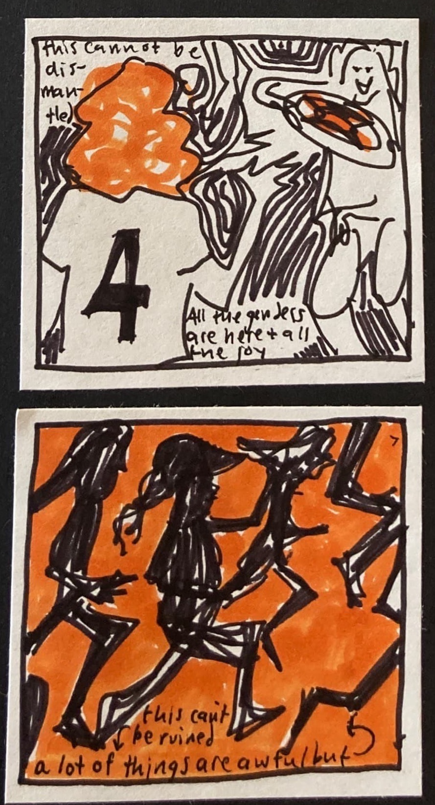 (Iris in jersey number 4 throwing the disc in some kind of magical electrical field) This cannot be dismantled. All the genders are here and all the joy. / Black silhouettes of players running by in a pack, on an orange background.) A lot of things are awful, but this can't be ruined.