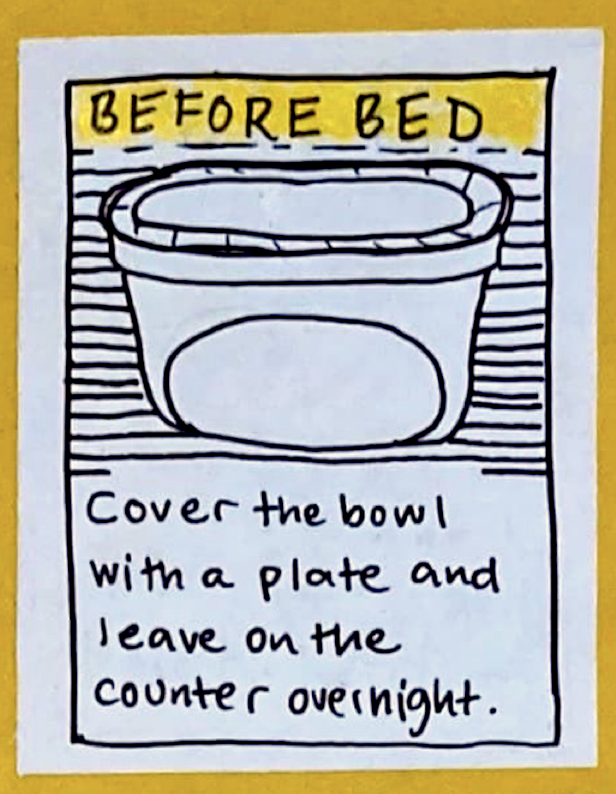 BEFORE BED: Cover the bowl with a plate and leave on the counter overnight.