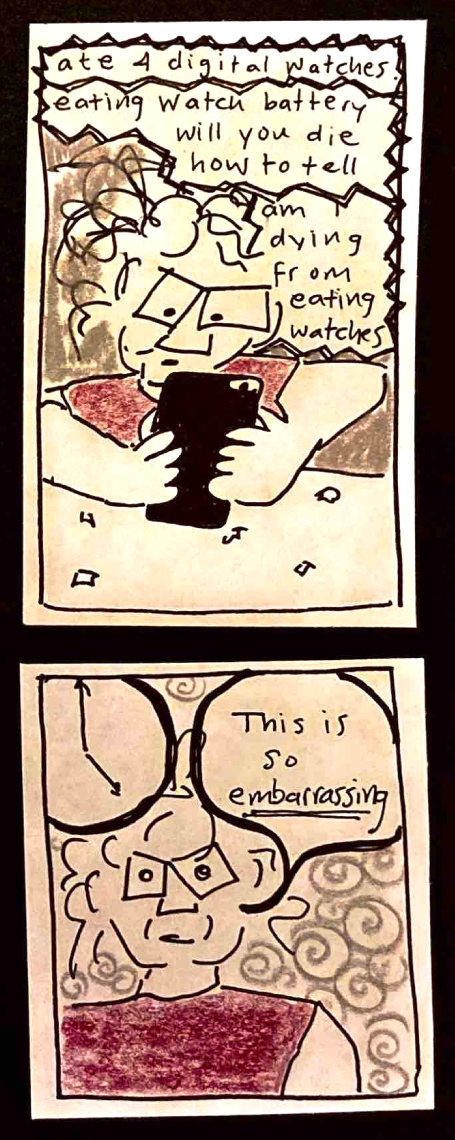 Carolyn typing on phone: ate 4 digital watches / eating watch battery will you die how to tell / am i dying from eating watches / Carolyn in kind of a trance, a big analog clock reading 5:01 over her head: "This is so embarrassing."