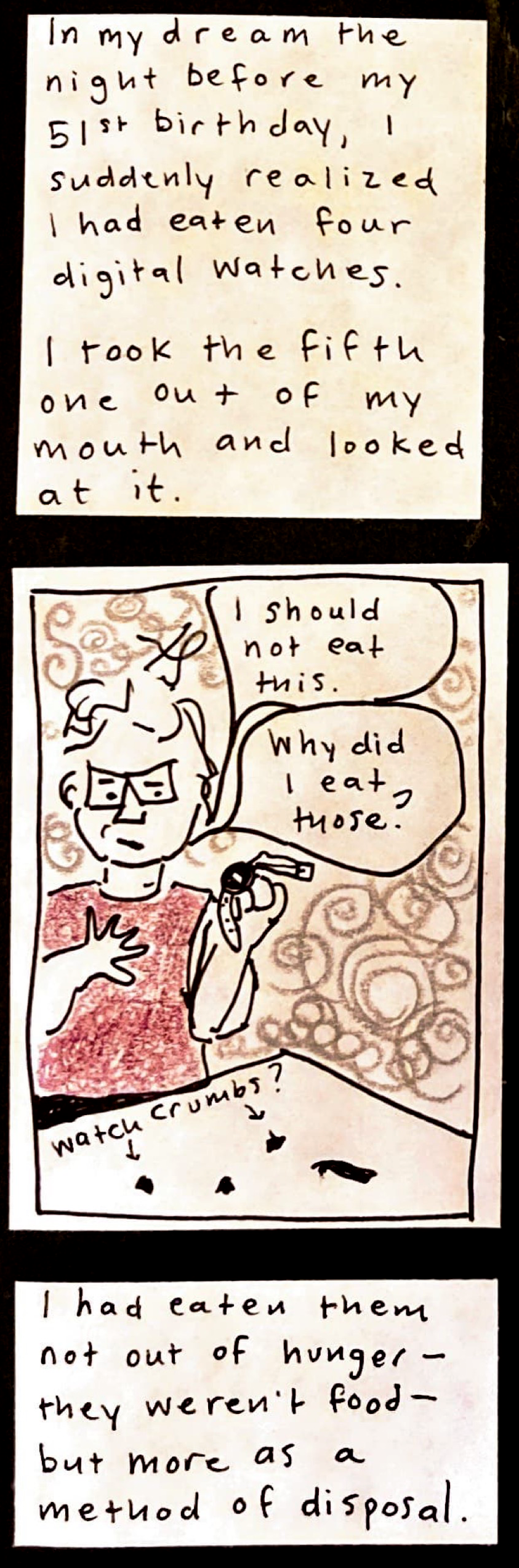 In my dream the night before my 51st birthday, I suddenly realized I had eaten four digital watches. / I took the fifth one out of my mouth and looked at it. / (Carolyn looking worried: "I should not eat this." "Why did I eat those") / (on table in front of Carolyn, an array of small objects labeled "watch crumbs?") / I had  eaten them not out of hunger — they weren't food — but more as a method of disposal.
