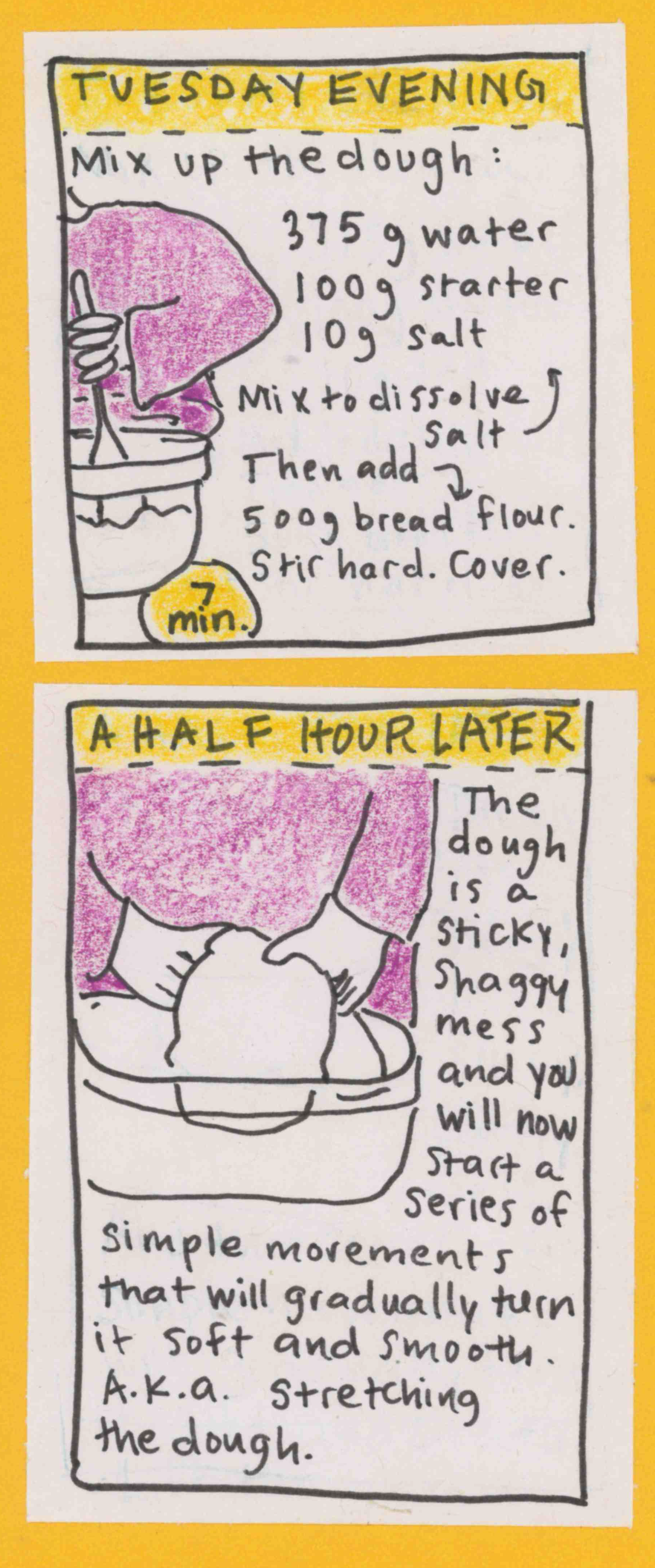 TUESDAY EVENING. Mix up the dough: 375 g water, 100 g starter, 10 g salt. Mix to dissolve salt. Then add 500g bread flour. Stir hard. Cover. (7 min.) / A HALF HOUR LATER. The dough is a sticky, shaggy mess and you will now start a series of simple movements that will gradually turn it soft and smooth, aka stretching the dough. 