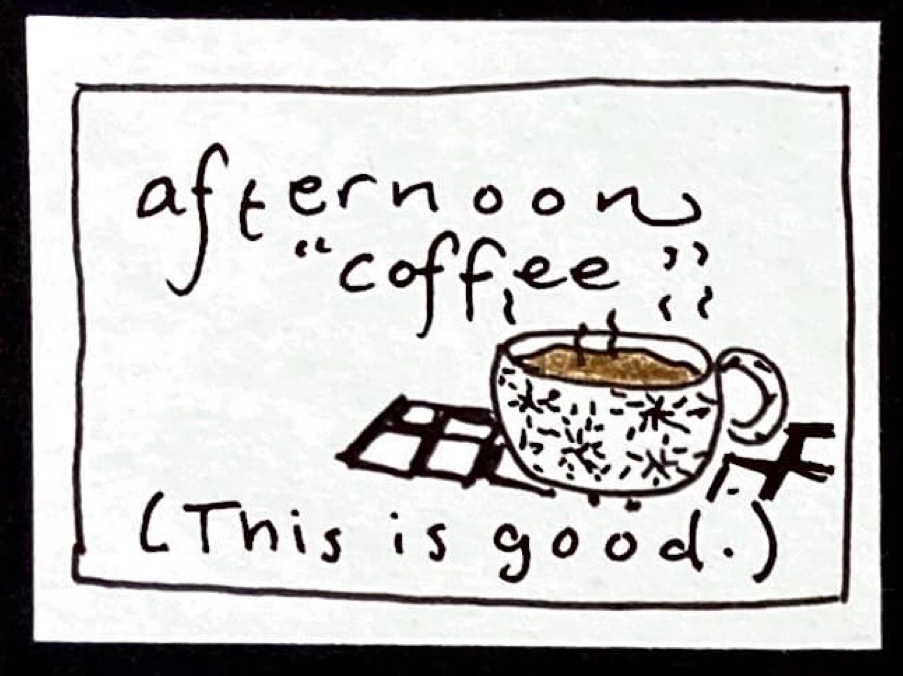 afternoon "coffee"  (This is good.) (perfectly shaped, textured mug containing light brown liquid, steaming))