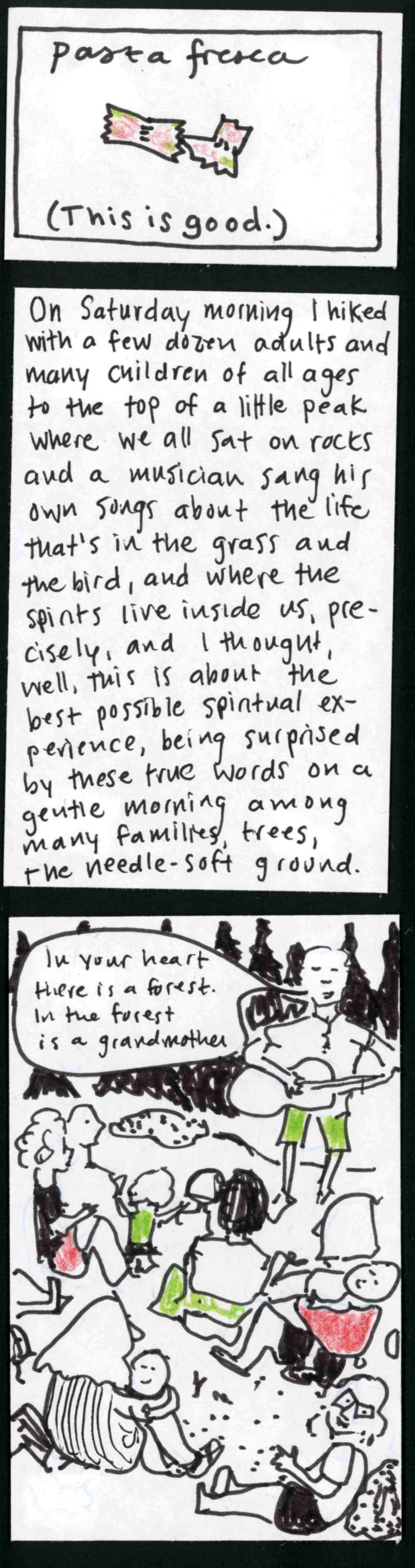 (This is good.) pasta fresca (drawing of 2 pieces of bowtie pasta coated with a little bit of red and green sauce) / On Saturday morning I hiked with a few dozen adults and many children of all ages to the top of a little peak where we all sat on rocks and a musician sang his own songs about the life that's in the grass and the bird, and where the spirits live inside us, precisely, and I thought, well, this is about the best possible spiritual experience, being
surprised by these true words on a gentle morning among many families, trees, the needle-soft ground. / (adults and children sitting on the ground, man with guitar singing "in your heart there is a forest, through the forest walks your grandmother...", trees in the background, person in the foreground who could be carolyn 