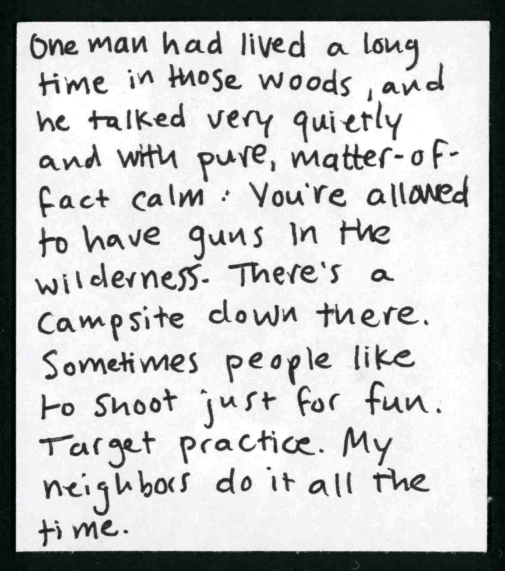 One man had lived a long time in those woods, and he talked very quietly and with pure, matter-of-fact lack of concern: Guns are allowed in the wilderness. There's a campsite down there. Sometimes people like to shoot just for fun. Target practice. My neighbors do it all the time.