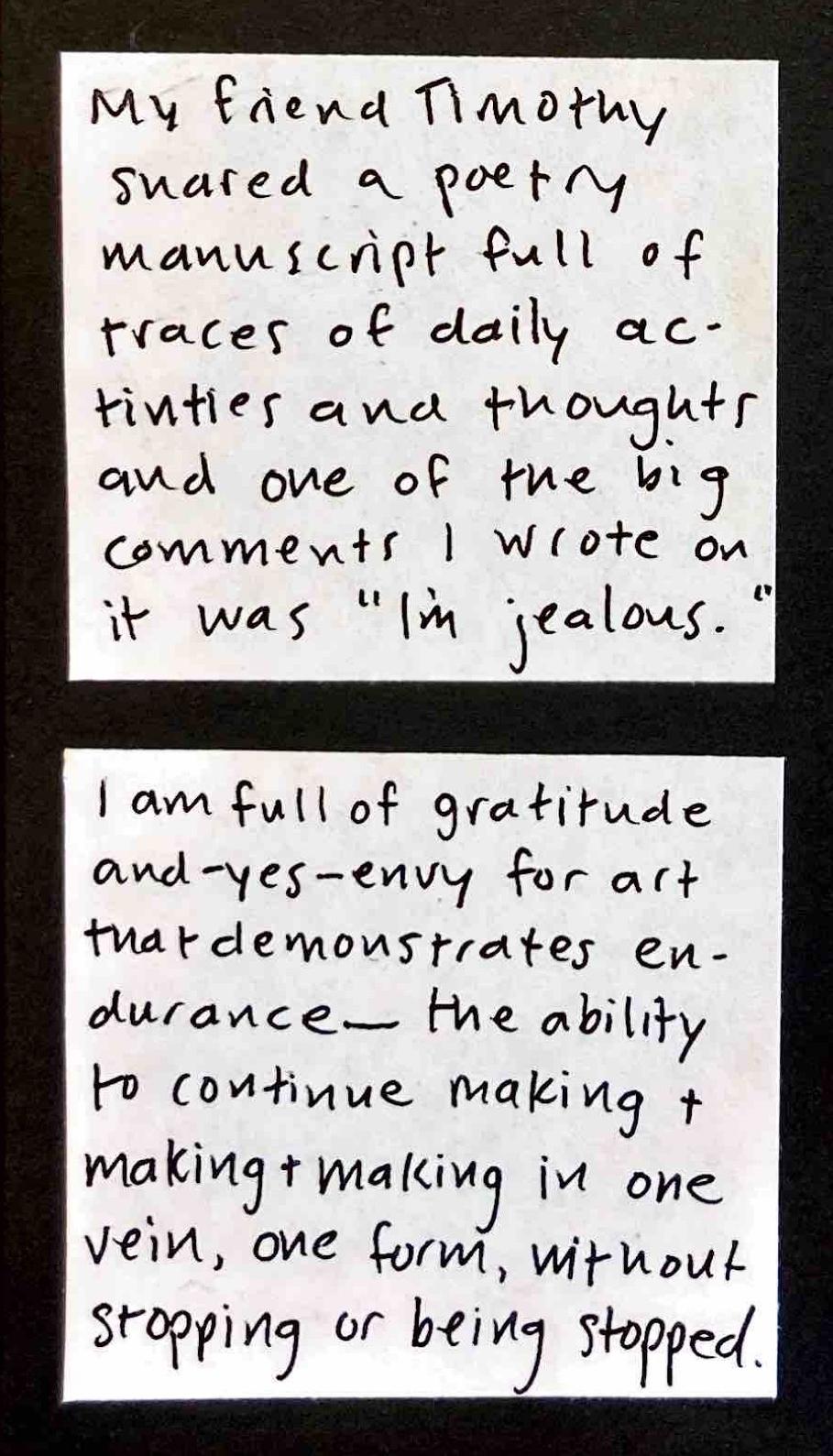 My friend Timothy shared a poetry manuscript full of traces of daily activities and thoughts, and one of the big comments I wrote on it was, "I'm jealous." / I am full of gratitude and — yes — envy for art that demonstrates endurance — the ability to continue making & making & making in one vein, one form, without stopping or being stopped.