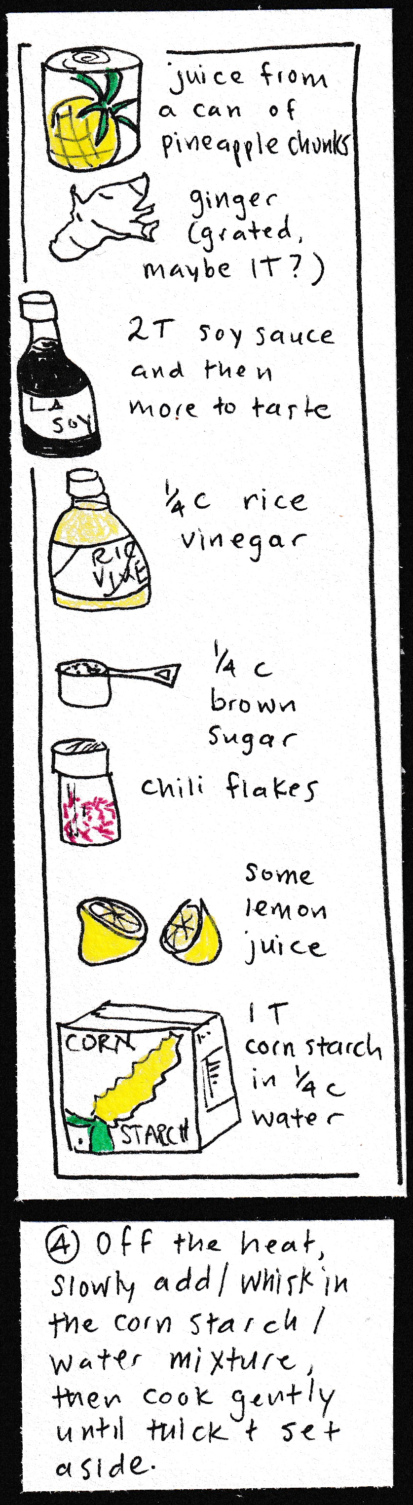(drawings of ingredients) juice from a can of pineapple chunks; ginger, grated, maybe 1 T; 2 T soy sauce and then more to taste;  1/4 c rice vinegar; 1/4 c brown sugar; chili flakes; some lemon juice; 1T corn starch in 1/4 c water / 4. Off the heat, slowly add/whisk in the corn starch / water mixture, then cook gently until thick & set aside. 