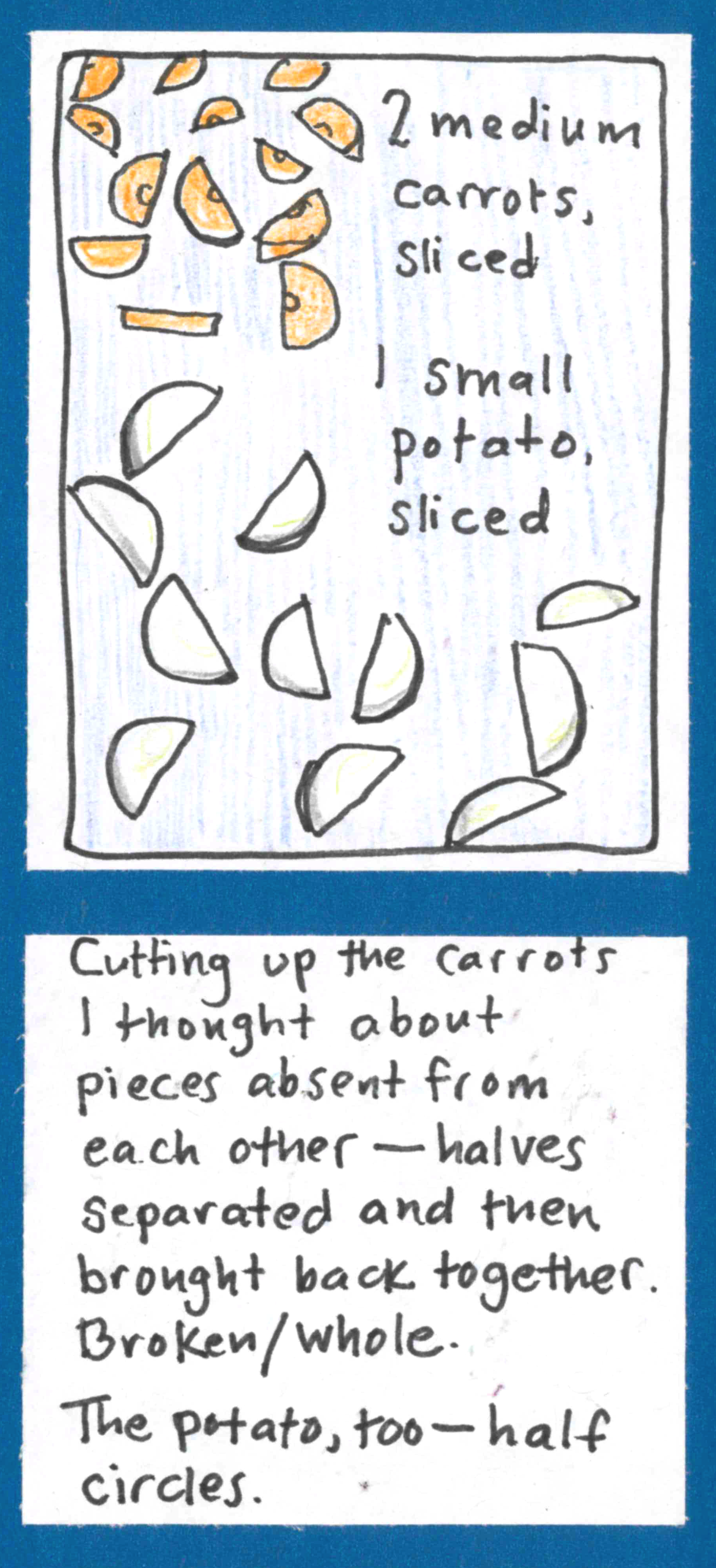 2 medium carrots, sliced. 1 small potato, sliced. (Drawings of ingredients cut into half moon shapes.).) / Cutting up the carrots I thought about pieces absent from each other — halves separated and then brought back together. Broken / whole. The potato, too — half circles.